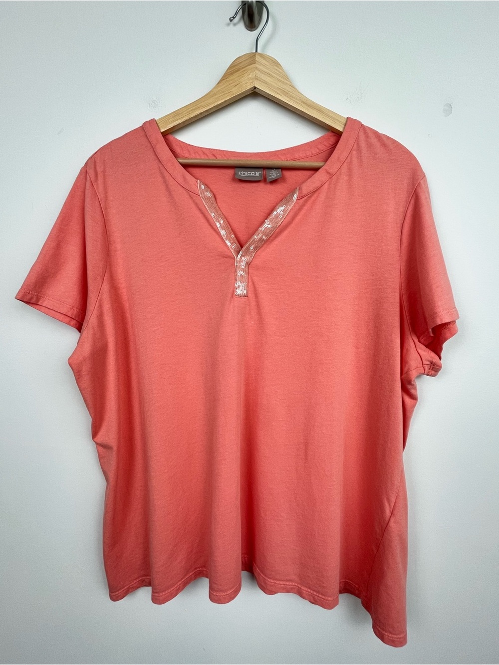 Chico’s peach cotton modal sequin trimmed short sleeve t-shirt, XL.